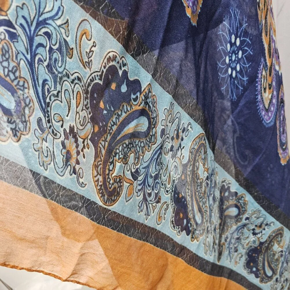 Unbranded Blue Orange Paisley Semi-Sheer Fringed Boho Scarf Shawl